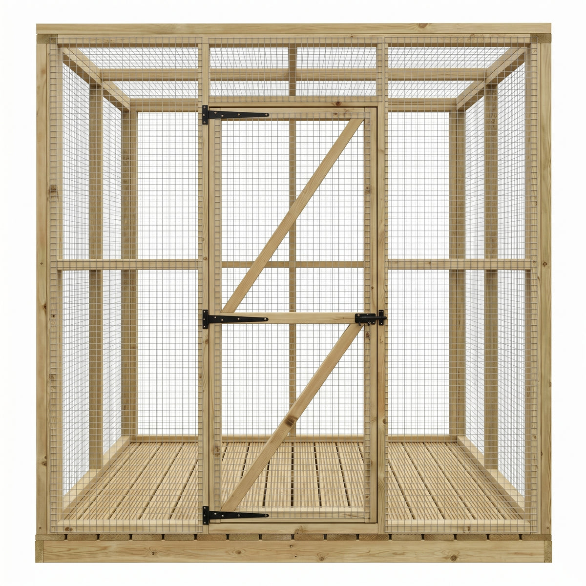 Timber and wire mesh pet enclosure with secure full height door