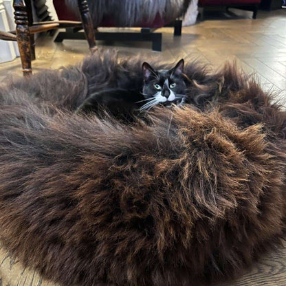 British Sheepskin Round Pet Bed for Cats & Dogs: Brown Undyed / 50cm Diameter