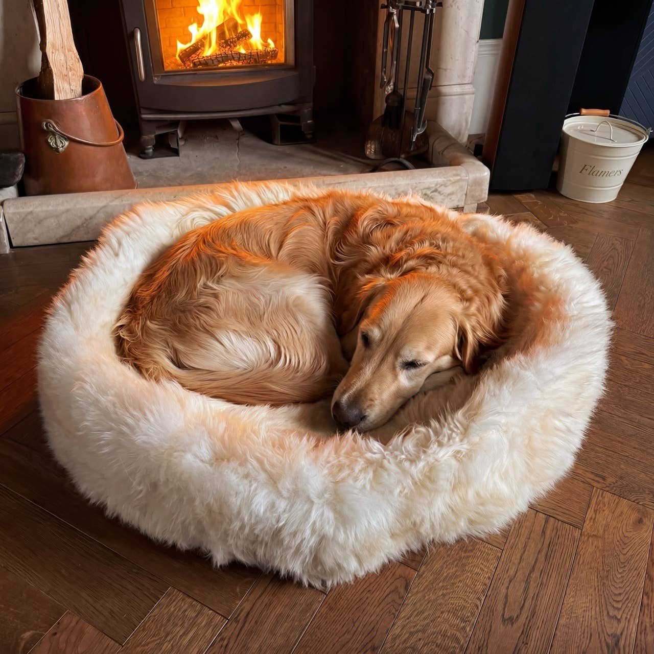 British Sheepskin Round Pet Bed for Cats & Dogs: Brown Undyed / 50cm Diameter