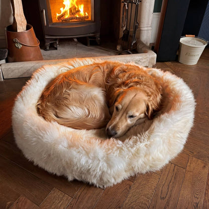 British Sheepskin Round Pet Bed for Cats & Dogs: Brown Undyed / 50cm Diameter