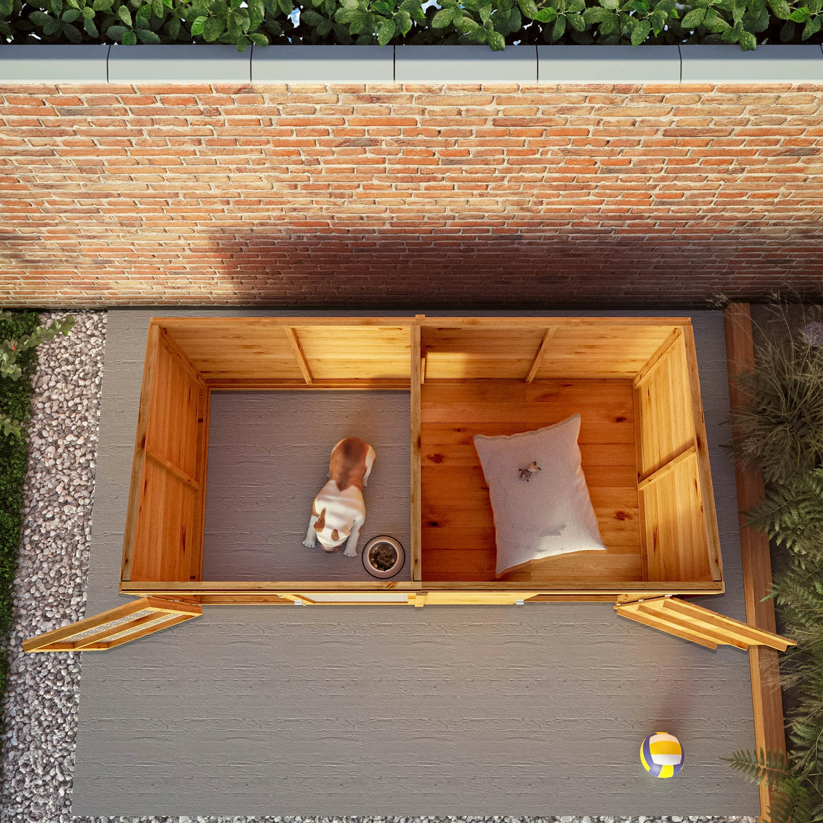 Overhead view of Berkshire dog kennel sleeping area and run
