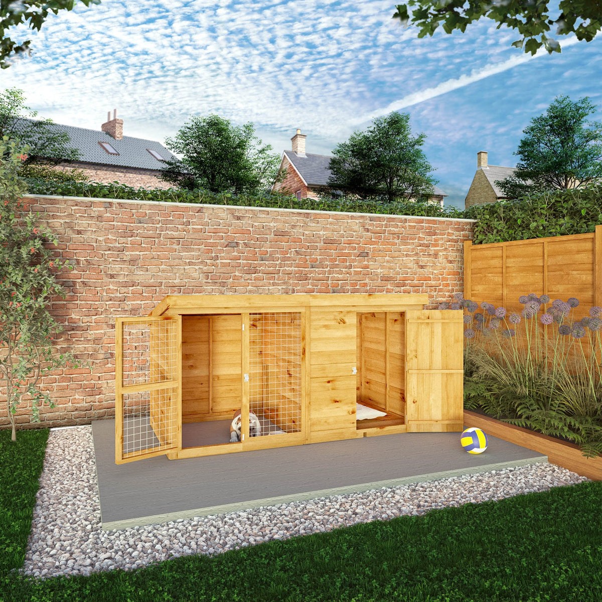 Open timber kennel door showing sheltered sleeping area