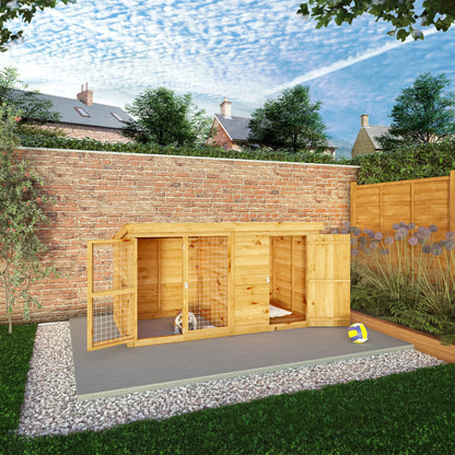 Open timber kennel door showing sheltered sleeping area