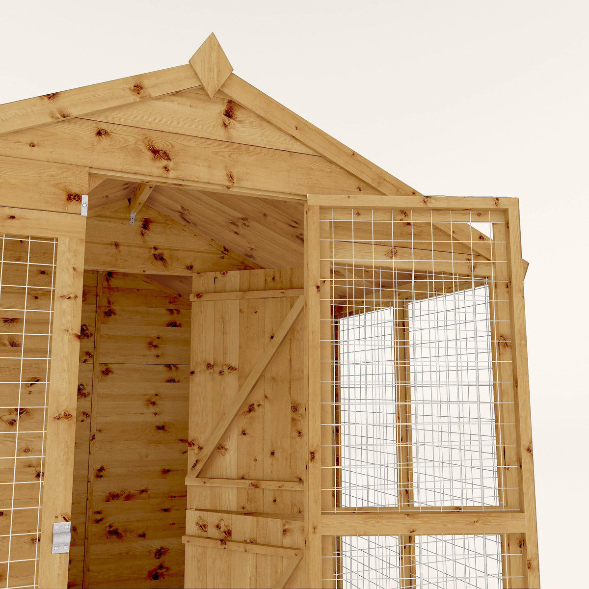 Close-up of timber shiplap dog kennel and secure mesh run