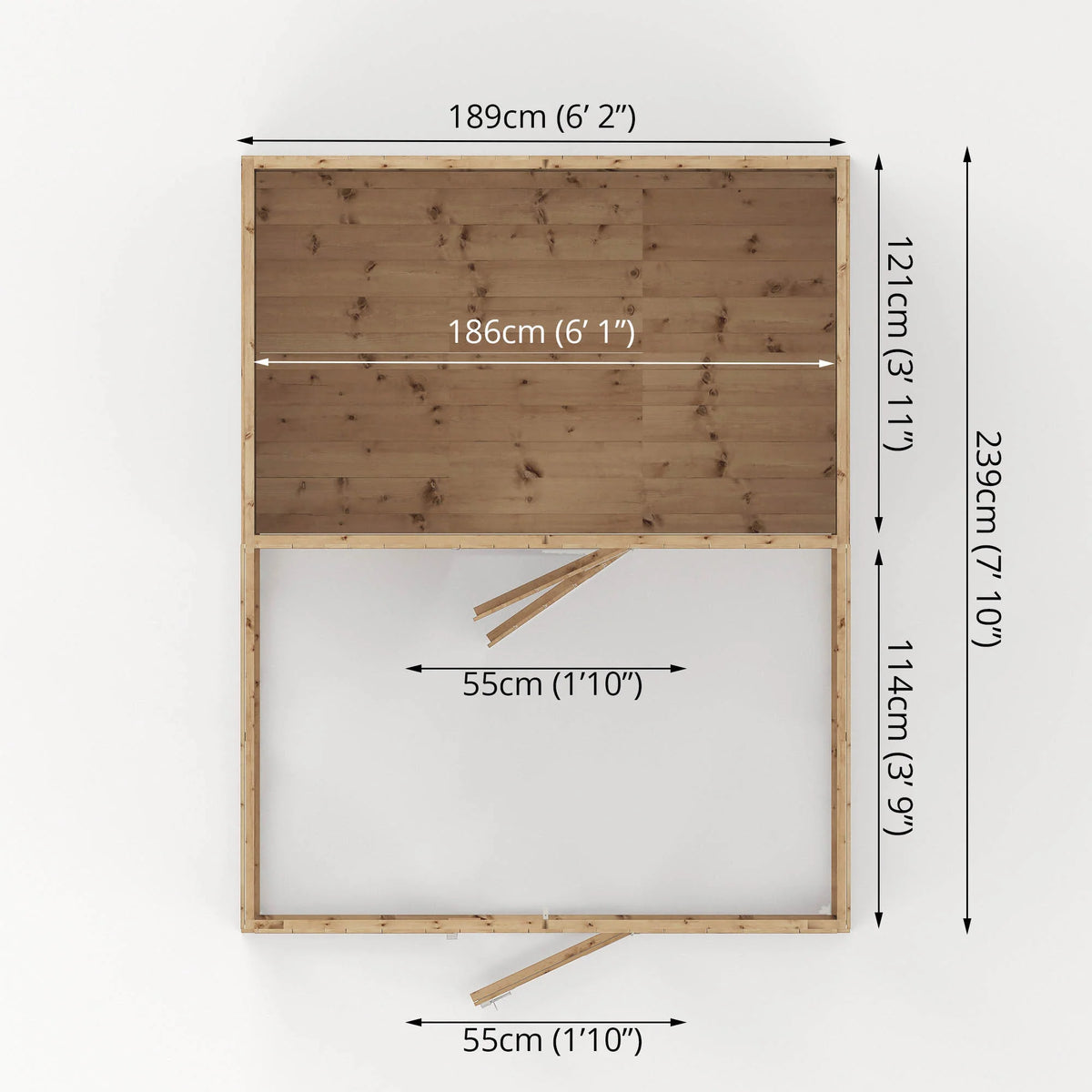 Plan view showing dimensions of 8 x 6 ft wooden dog kennel and run
